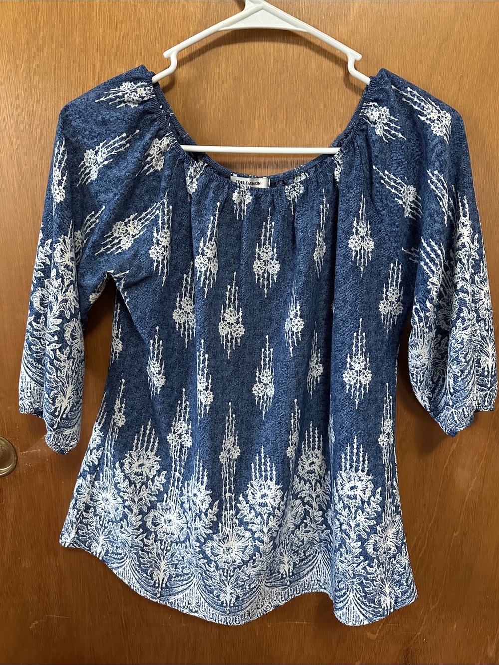Boho Indigo Printed Peasant Blouse - Blue and White
